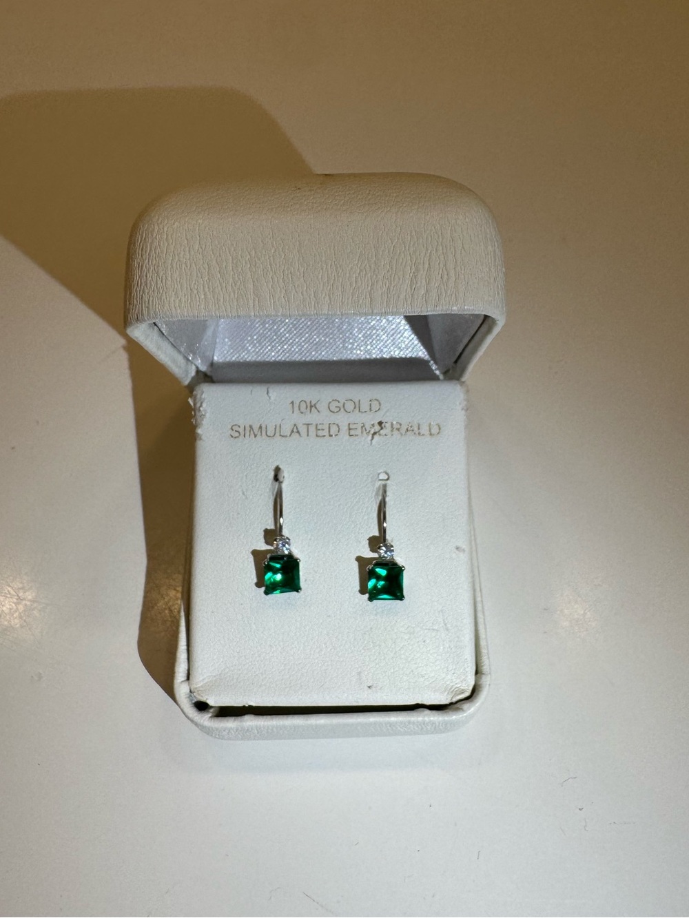 10K Gold Simulated Emerald Dangle Earrings - Green
